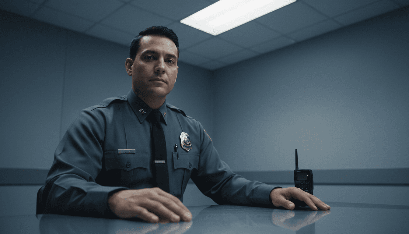 Professional police officer in interrogation room setting