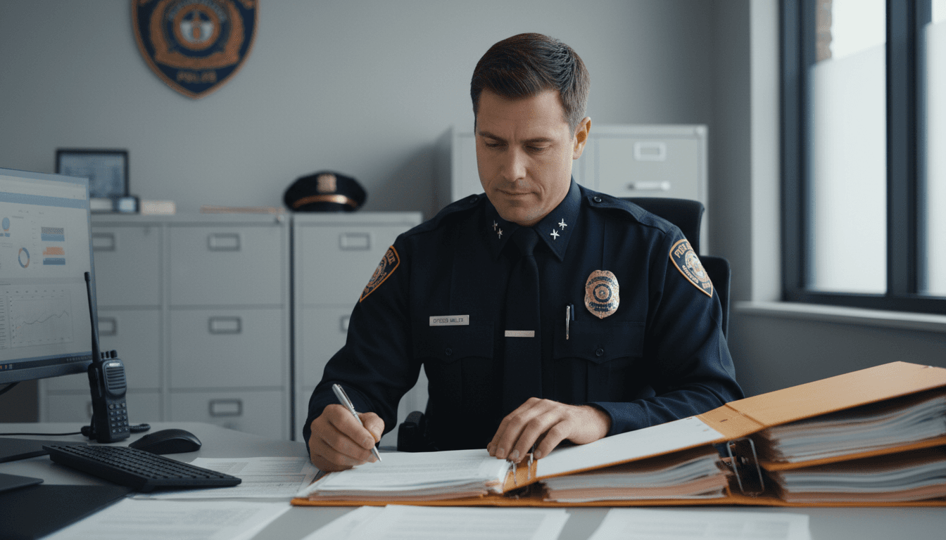 Professional police officer at desk, conveying trust and authority