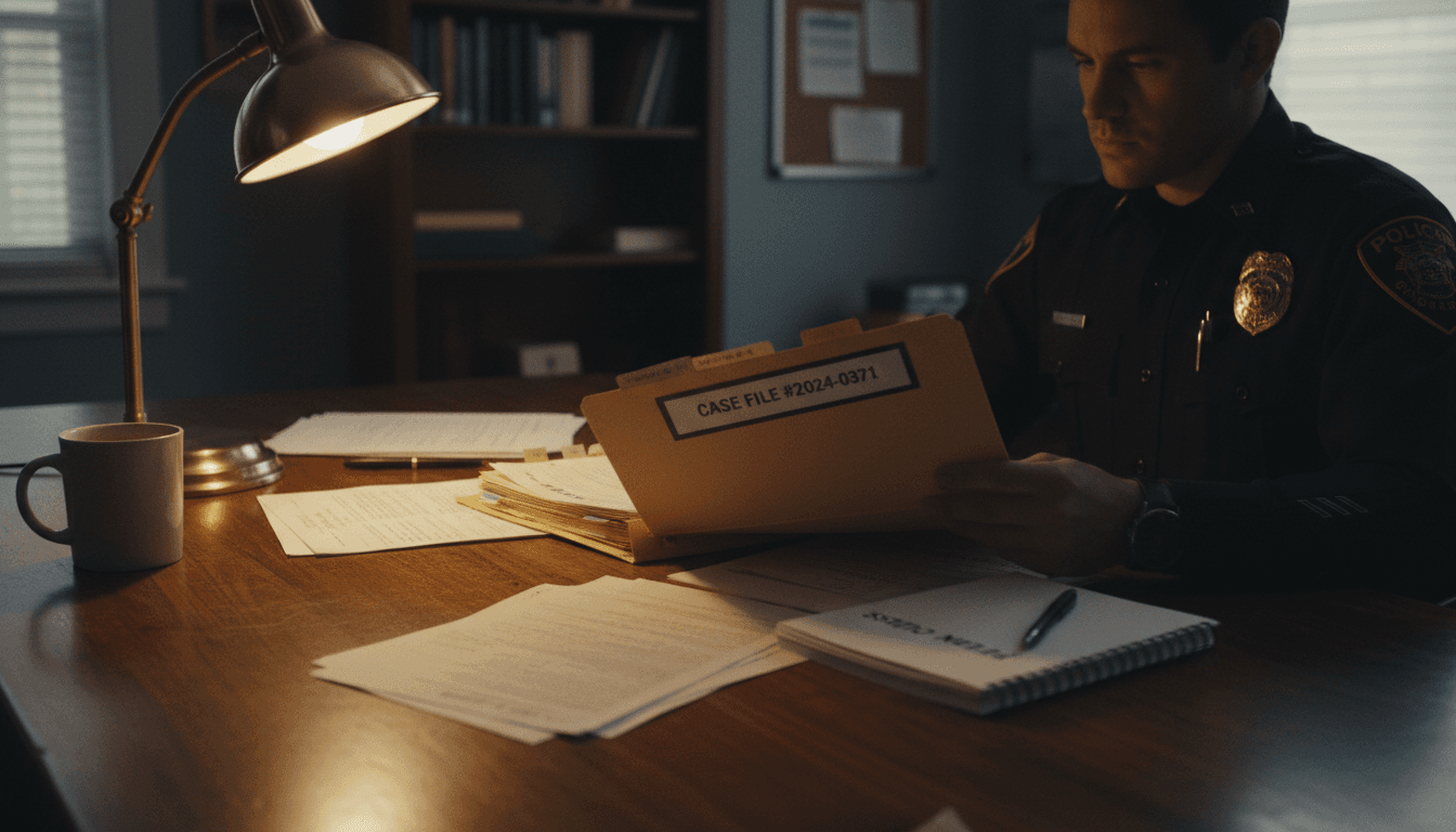 Police officer reviewing case documentation