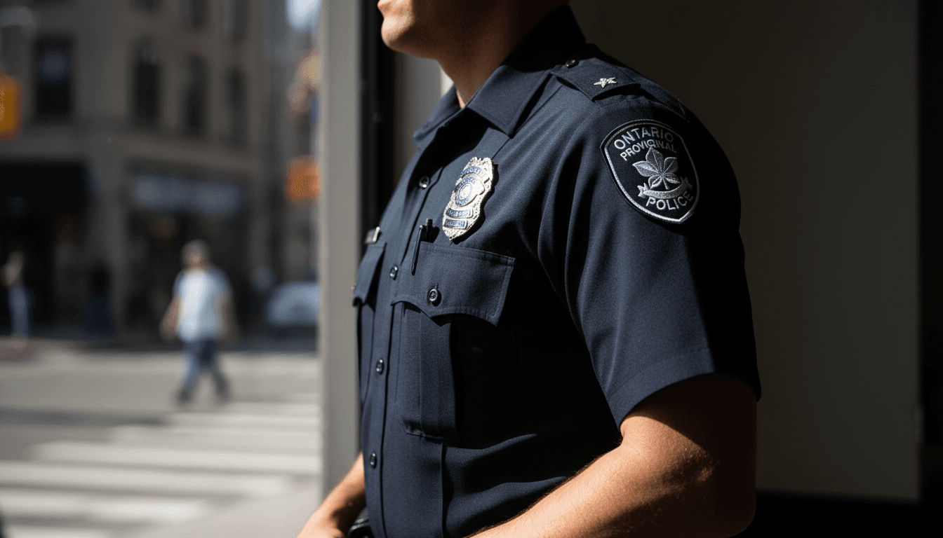 Ontario police officer in professional uniform during routine duty