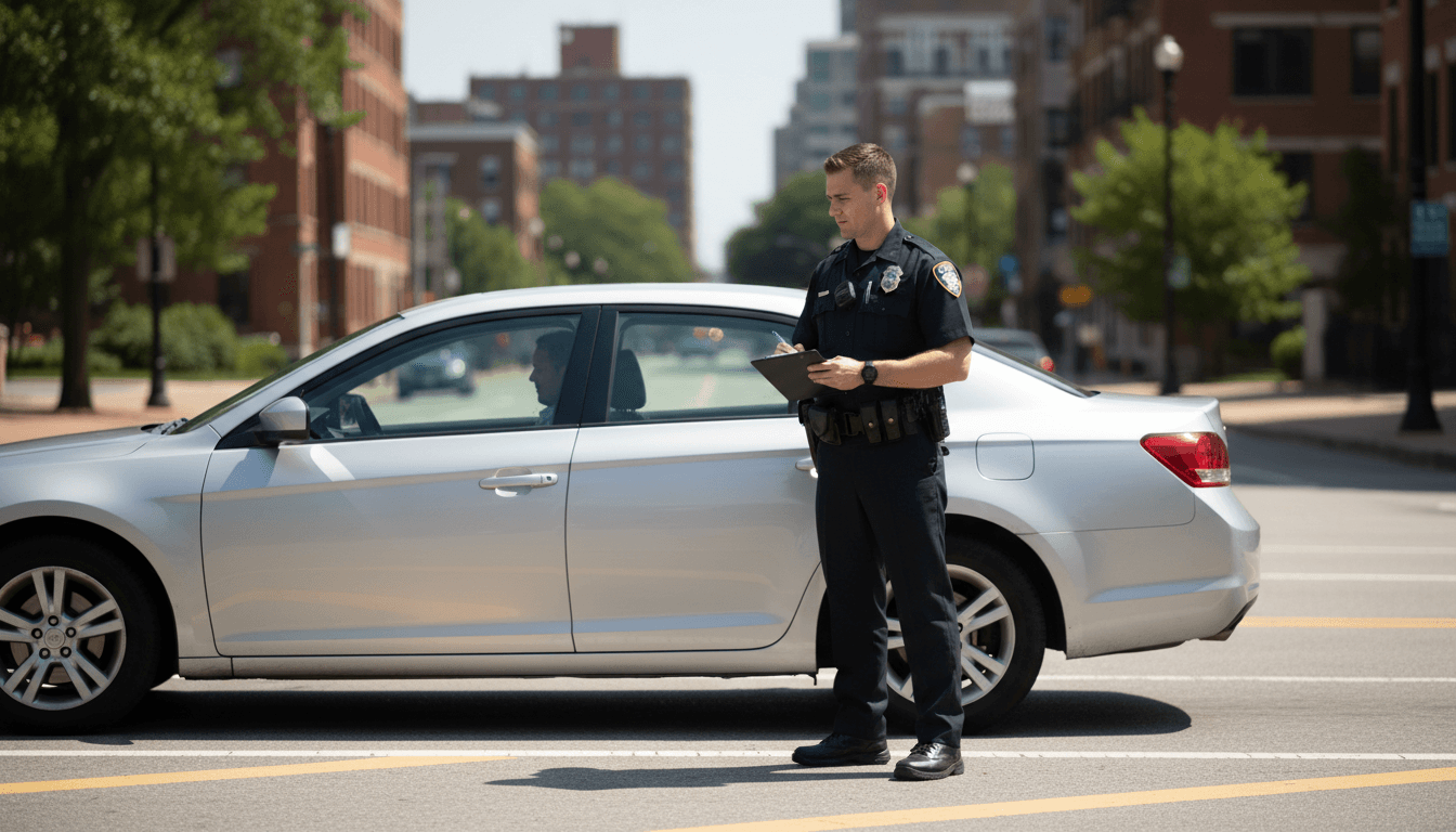 Police officer conducting a traffic stop with a vehicle on an urban street