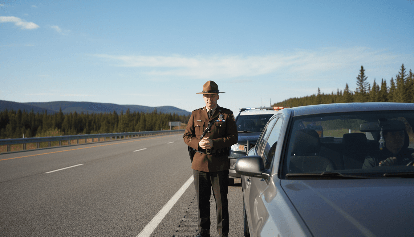 Police officer conducting a routine traffic stop on a Canadian highway during daytime