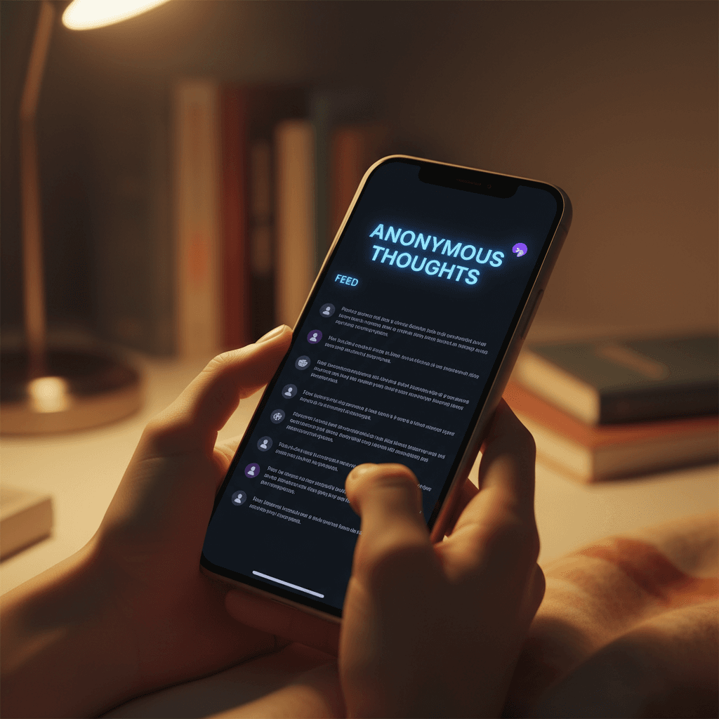 Hands holding smartphone displaying dark-mode anonymous confession feed with glowing blue text in intimate lighting