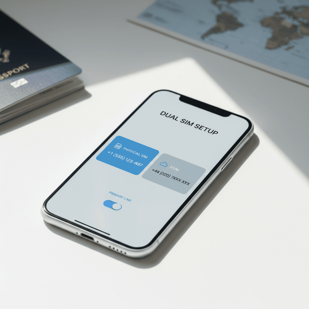 Smartphone displaying dual phone number setup and eSIM interface on screen in minimalist workspace