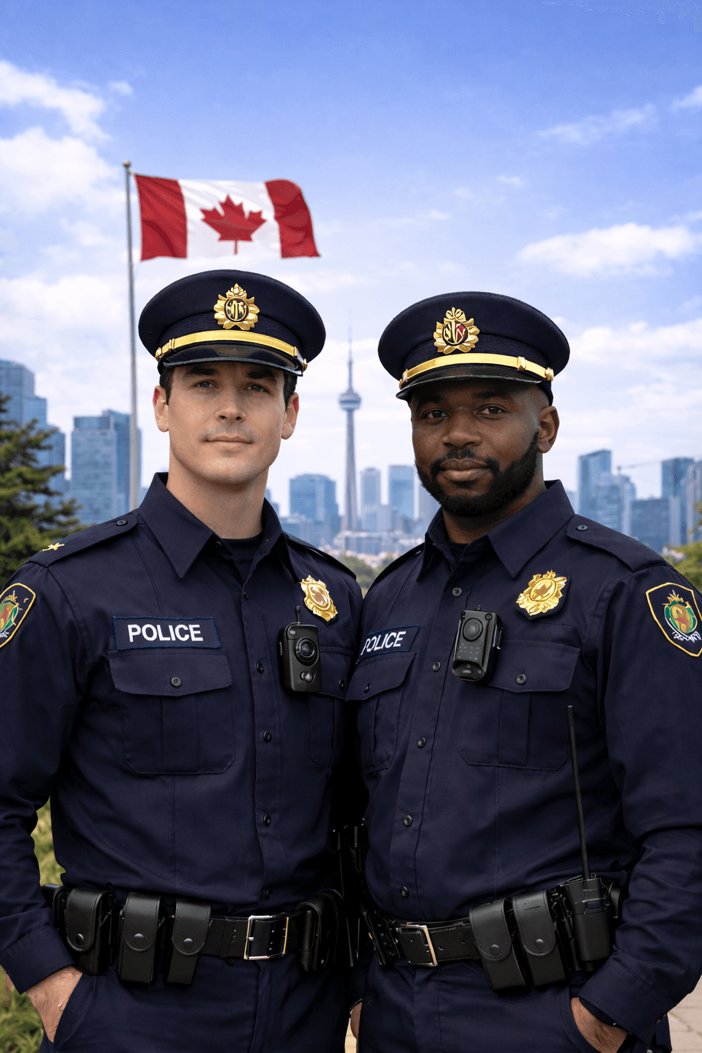 Two diverse police officers in uniform stand before the Toronto skyline and Canadian flag.
